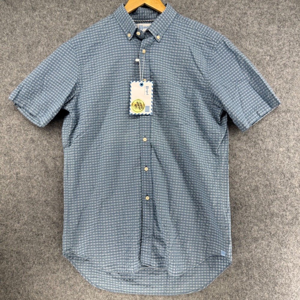 Haspel Button Down Shirt Mens Large Blue Gingham Short Sleeve Cotton S79075H12